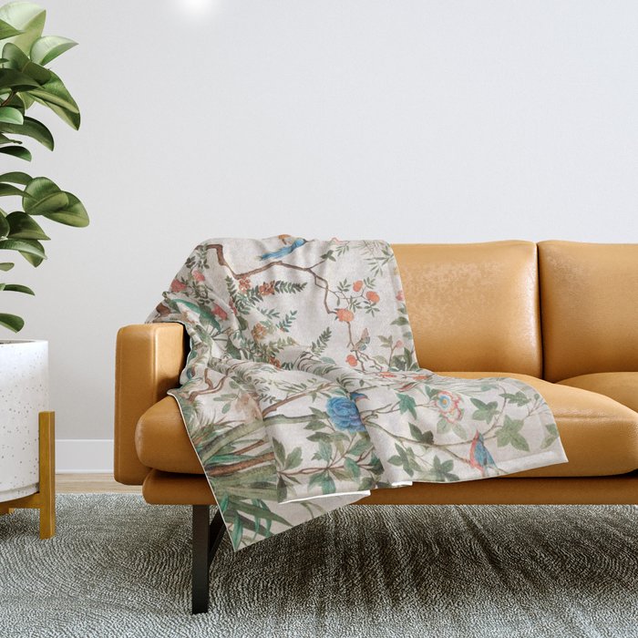 Chinoiserie Peach Floral Fresco Garden Birds Throw Blanket Gallery Image 1