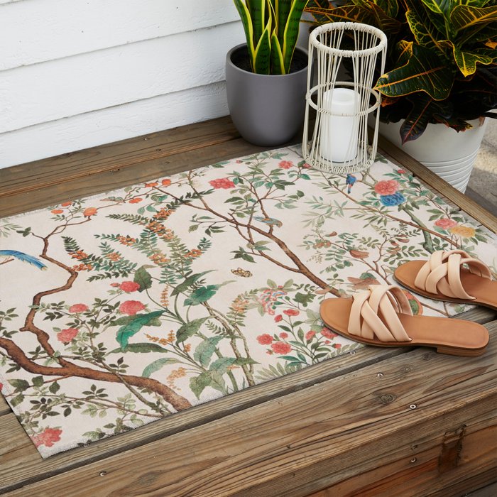 Chinoiserie Peach Floral Fresco Garden Birds Outdoor Rug Gallery Image 2
