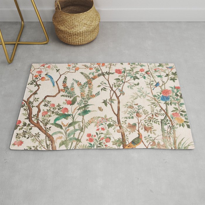 Chinoiserie Peach Floral Fresco Garden Birds Rug Gallery Image 1