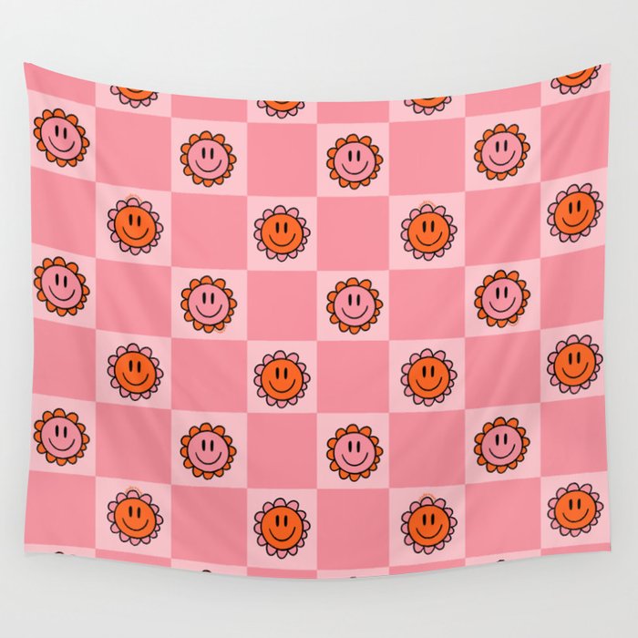 Pink Smiley Face Checkerboard Wall Tapestry Gallery Image 4