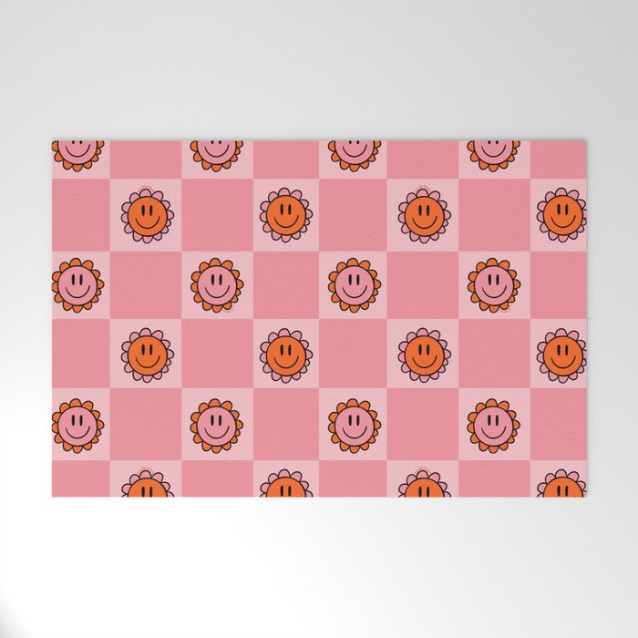 Pink Smiley Face Checkerboard Welcome Mat Gallery Image 1