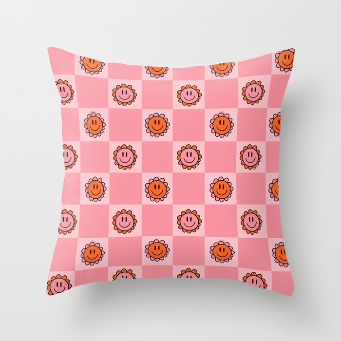 Pink Smiley Face Checkerboard Throw Pillow Gallery Image 6