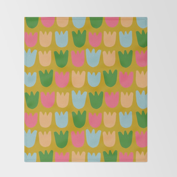 Rows of Tulips in Bloom in Yellow Ochre & Peach Throw Blanket Gallery Image 2