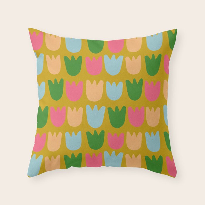 Rows of Tulips in Bloom in Yellow Ochre & Peach Throw Pillow Gallery Image 6