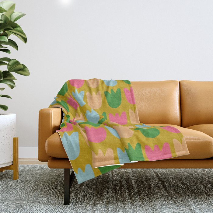 Rows of Tulips in Bloom in Yellow Ochre & Peach Throw Blanket Gallery Image 1