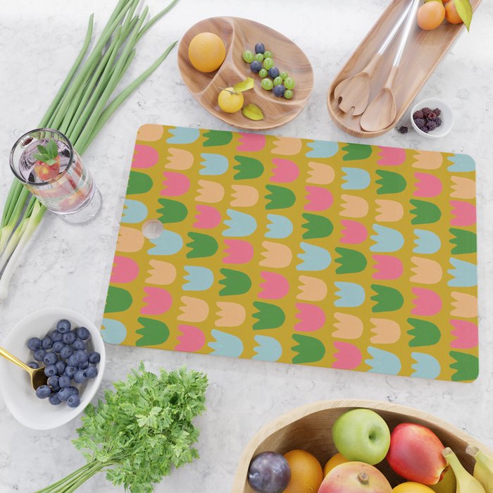 Rows of Tulips in Bloom in Yellow Ochre & Peach Cutting Board Gallery Image 2