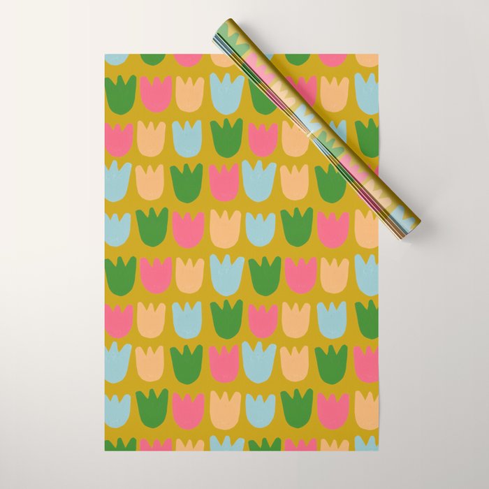 Rows of Tulips in Bloom in Yellow Ochre & Peach Wrapping Paper Gallery Image 1