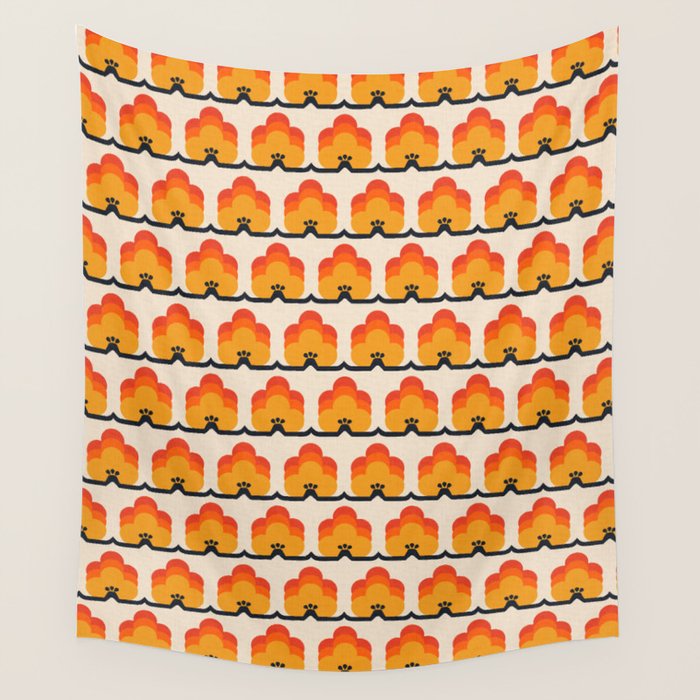 Retro Cloud Stripe 70s Floral Pattern Wall Tapestry Gallery Image 4