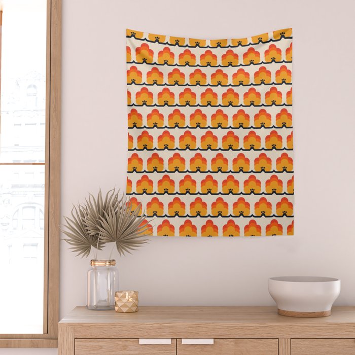 Retro Cloud Stripe 70s Floral Pattern Wall Tapestry Gallery Image 2