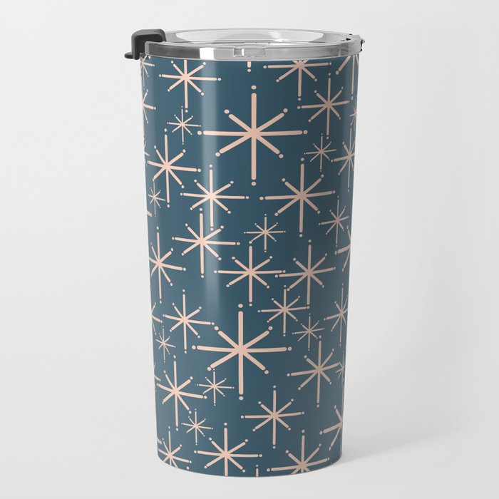 Retro Space - Midcentury Modern Starburst Pattern in Pale Blush and Deep Teal Travel Mug Gallery Image 3