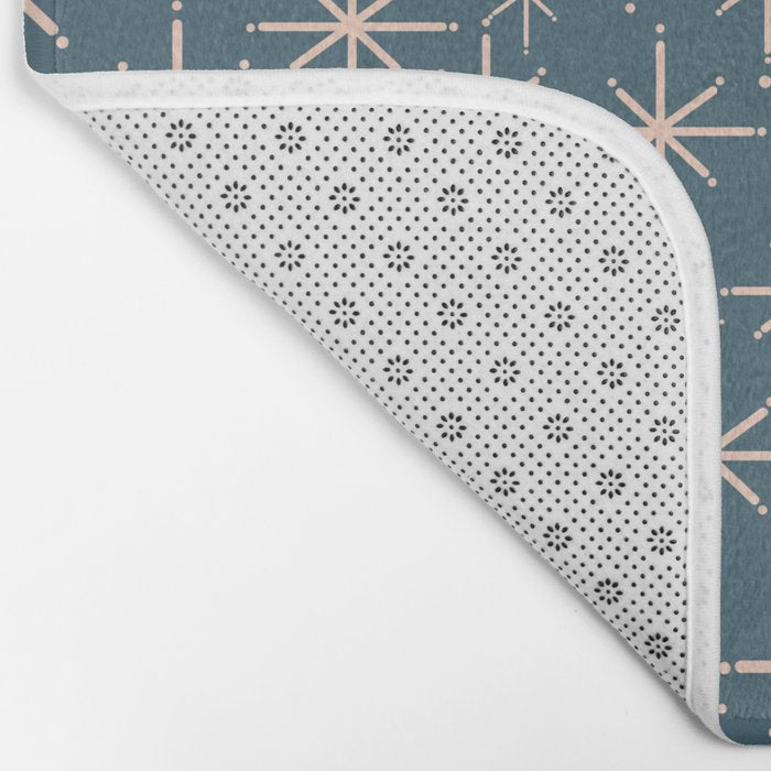 Retro Space - Midcentury Modern Starburst Pattern in Pale Blush and Deep Teal Bath Mat Gallery Image 2