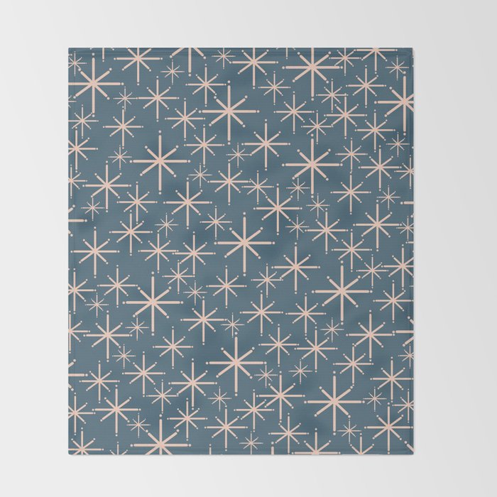 Retro Space - Midcentury Modern Starburst Pattern in Pale Blush and Deep Teal Throw Blanket Gallery Image 2