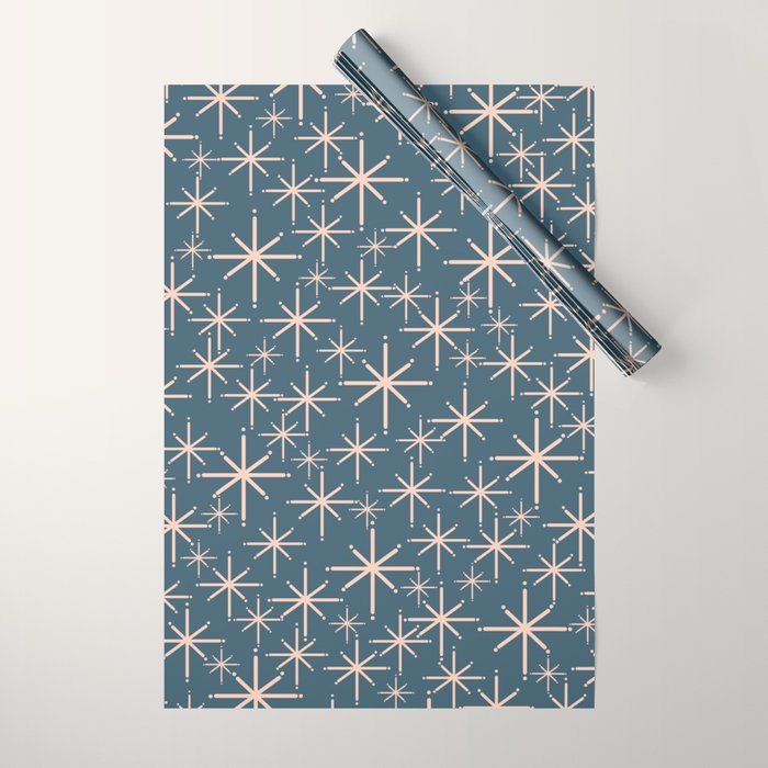Retro Space - Midcentury Modern Starburst Pattern in Pale Blush and Deep Teal Wrapping Paper Gallery Image 1