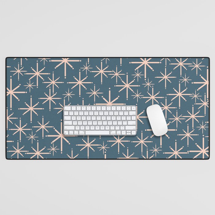 Retro Space - Midcentury Modern Starburst Pattern in Pale Blush and Deep Teal Desk Mat Gallery Image 1