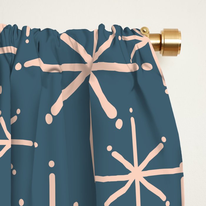Retro Space - Midcentury Modern Starburst Pattern in Pale Blush and Deep Teal Window Curtain Gallery Image 2