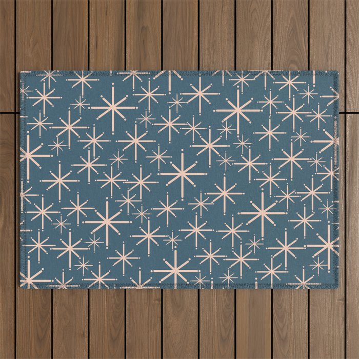 Retro Space - Midcentury Modern Starburst Pattern in Pale Blush and Deep Teal Outdoor Rug Gallery Image 1