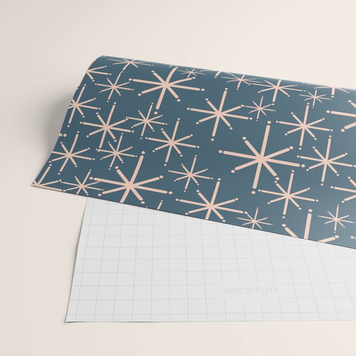 Retro Space - Midcentury Modern Starburst Pattern in Pale Blush and Deep Teal Wrapping Paper Gallery Image 2