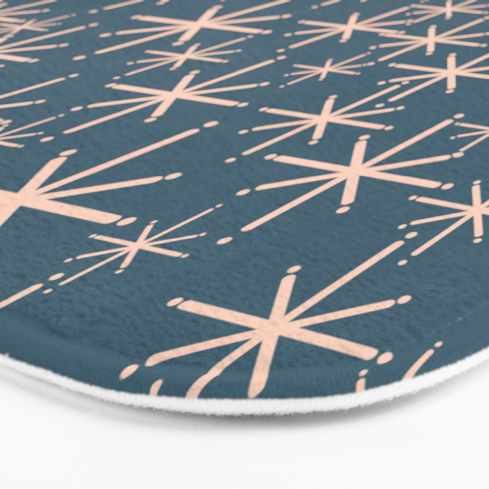 Retro Space - Midcentury Modern Starburst Pattern in Pale Blush and Deep Teal Bath Mat Gallery Image 3