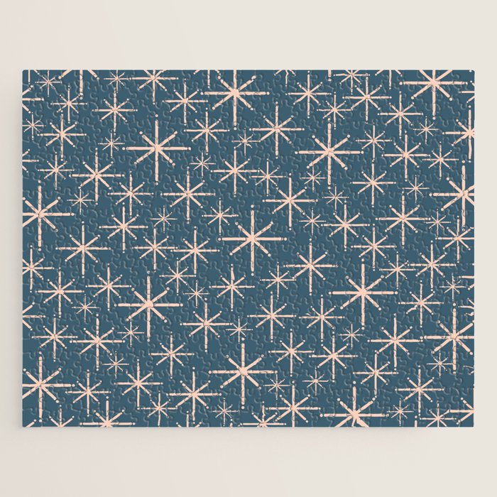 Retro Space - Midcentury Modern Starburst Pattern in Pale Blush and Deep Teal Jigsaw Puzzle Gallery Image 1