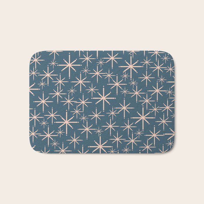 Retro Space - Midcentury Modern Starburst Pattern in Pale Blush and Deep Teal Bath Mat Gallery Image 1