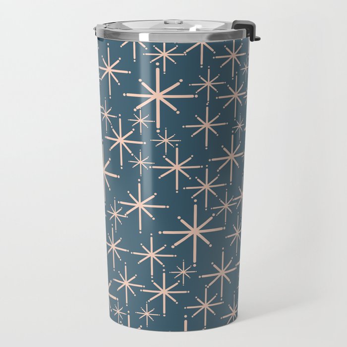 Retro Space - Midcentury Modern Starburst Pattern in Pale Blush and Deep Teal Travel Mug Gallery Image 2