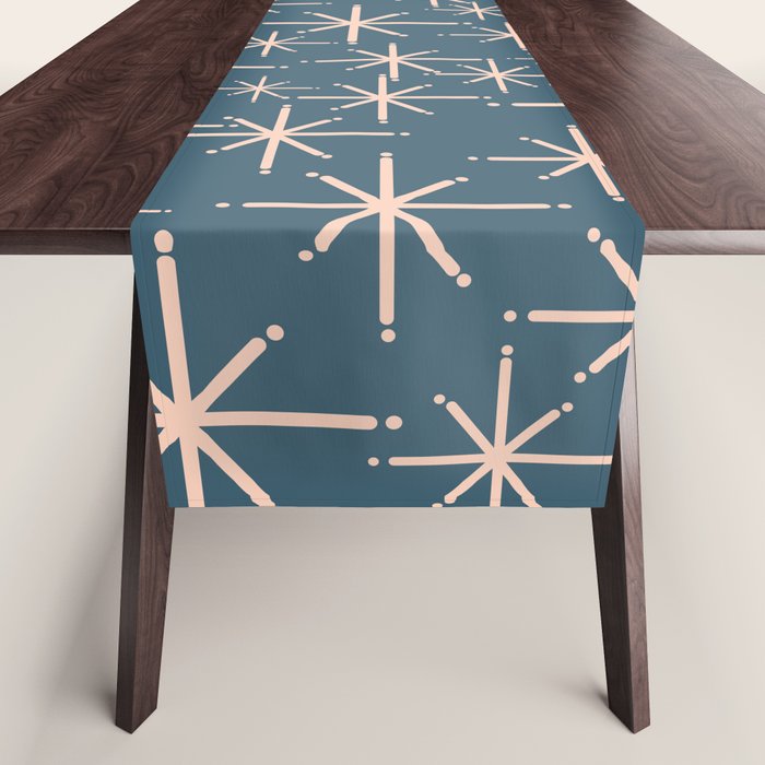 Retro Space - Midcentury Modern Starburst Pattern in Pale Blush and Deep Teal Table Runner Gallery Image 1