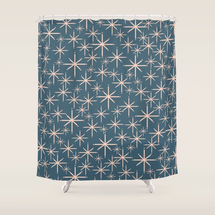 Retro Space - Midcentury Modern Starburst Pattern in Pale Blush and Deep Teal Shower Curtain Gallery Image 1