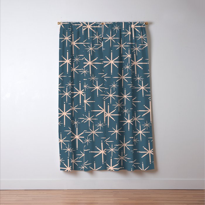Retro Space - Midcentury Modern Starburst Pattern in Pale Blush and Deep Teal Window Curtain Gallery Image 3