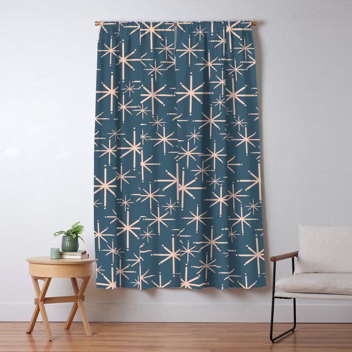 Retro Space - Midcentury Modern Starburst Pattern in Pale Blush and Deep Teal Window Curtain Gallery Image 5