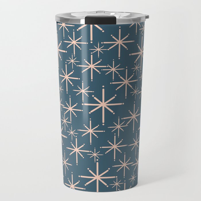 Retro Space - Midcentury Modern Starburst Pattern in Pale Blush and Deep Teal Travel Mug Gallery Image 1