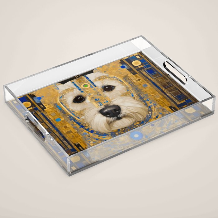 White Klimt Dog with Blue and Gold Costume Acrylic Tray Gallery Image 1