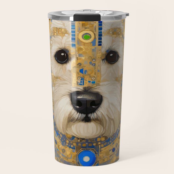 White Klimt Dog with Blue and Gold Costume Travel Mug Gallery Image 1