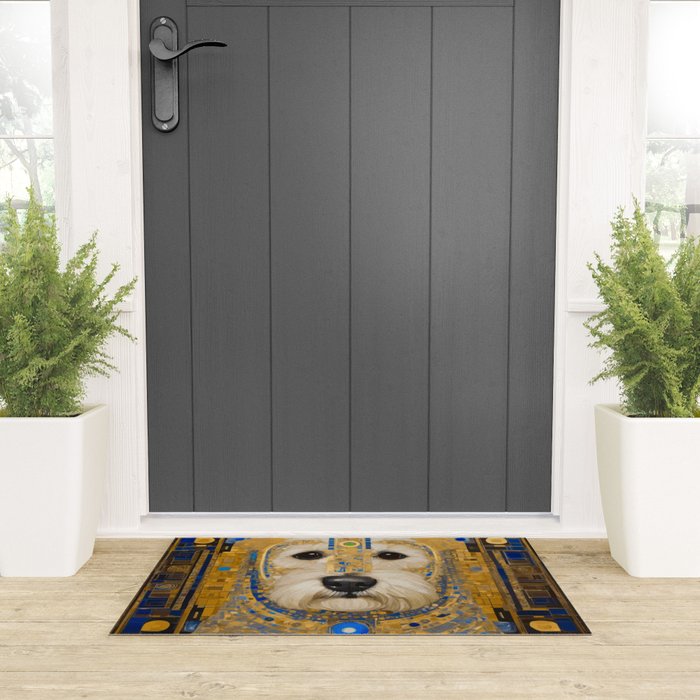 White Klimt Dog with Blue and Gold Costume Welcome Mat Gallery Image 3