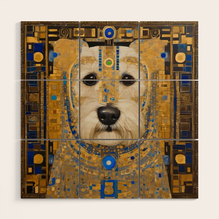 White Klimt Dog with Blue and Gold Costume Wood Wall Art Gallery Image 1