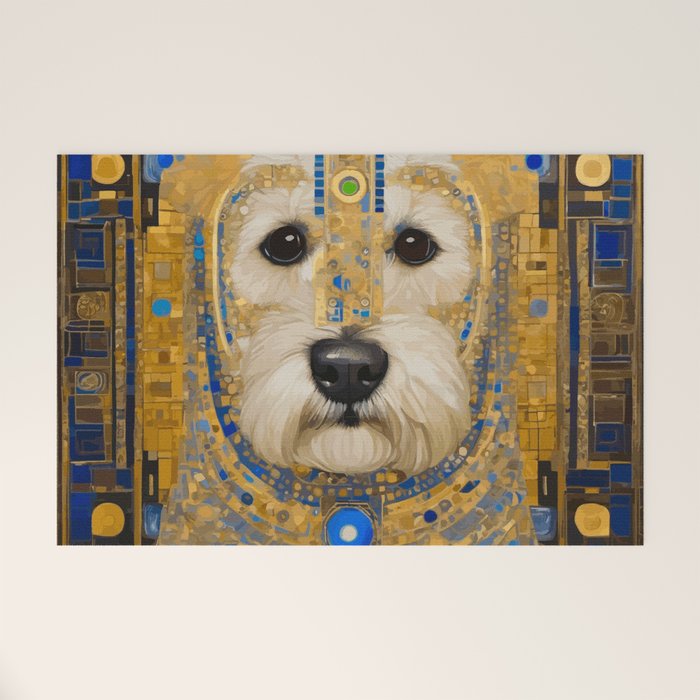 White Klimt Dog with Blue and Gold Costume Welcome Mat Gallery Image 1