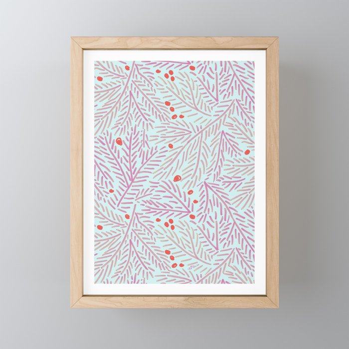 Winter Berries & Pine Branches in Teal & Pink Mini Art Print Gallery Image 1