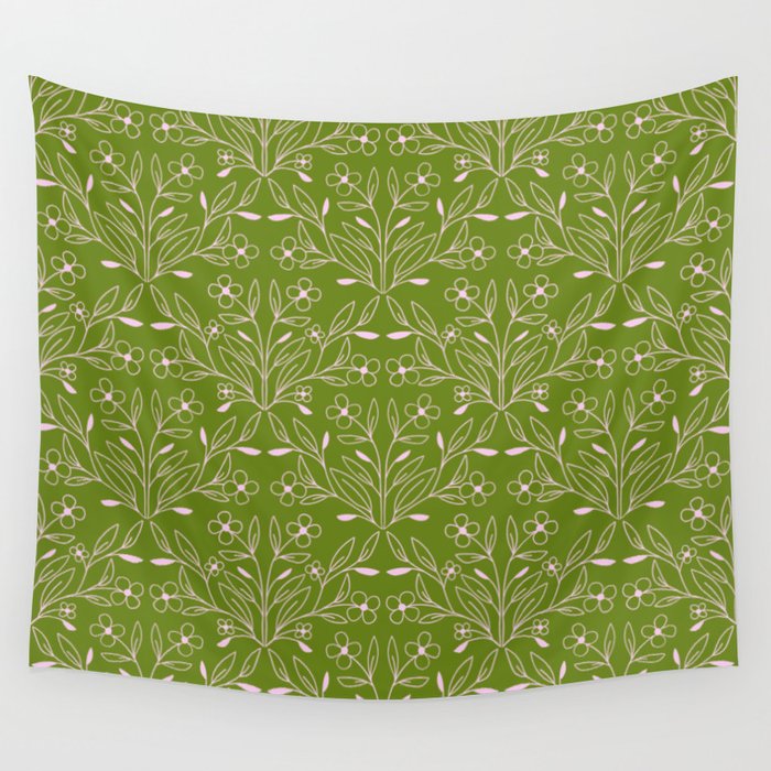 Playful Doodled Blooms Pattern - Green Wall Tapestry Gallery Image 4