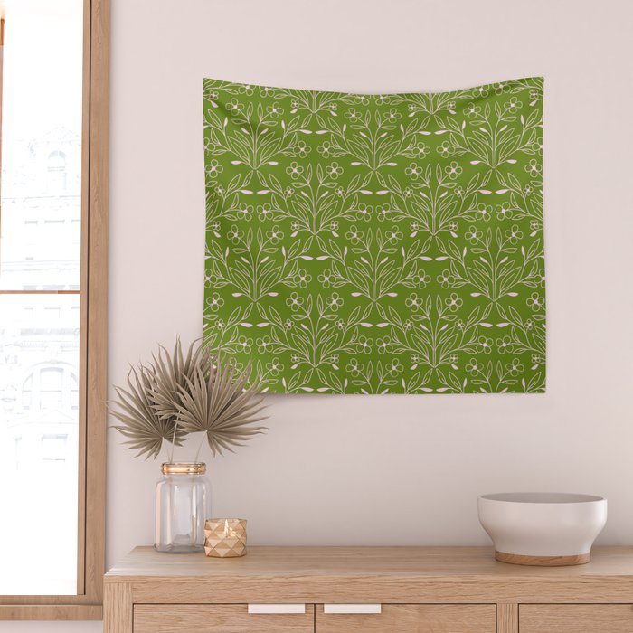 Playful Doodled Blooms Pattern - Green Wall Tapestry Gallery Image 2