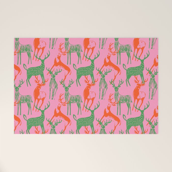 Vintage christmas deer animal art pattern Welcome Mat Gallery Image 1
