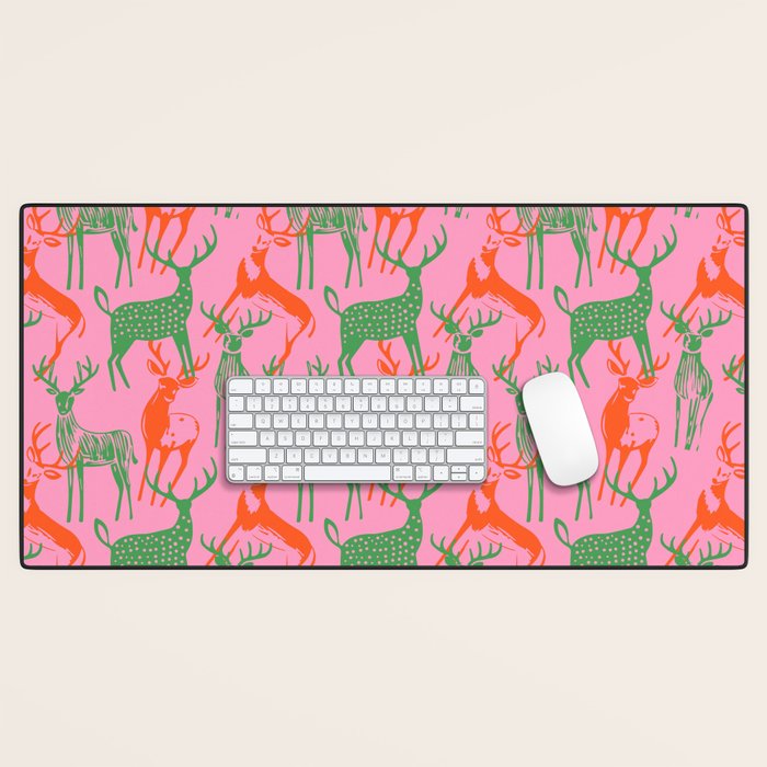 Vintage christmas deer animal art pattern Desk Mat Gallery Image 1