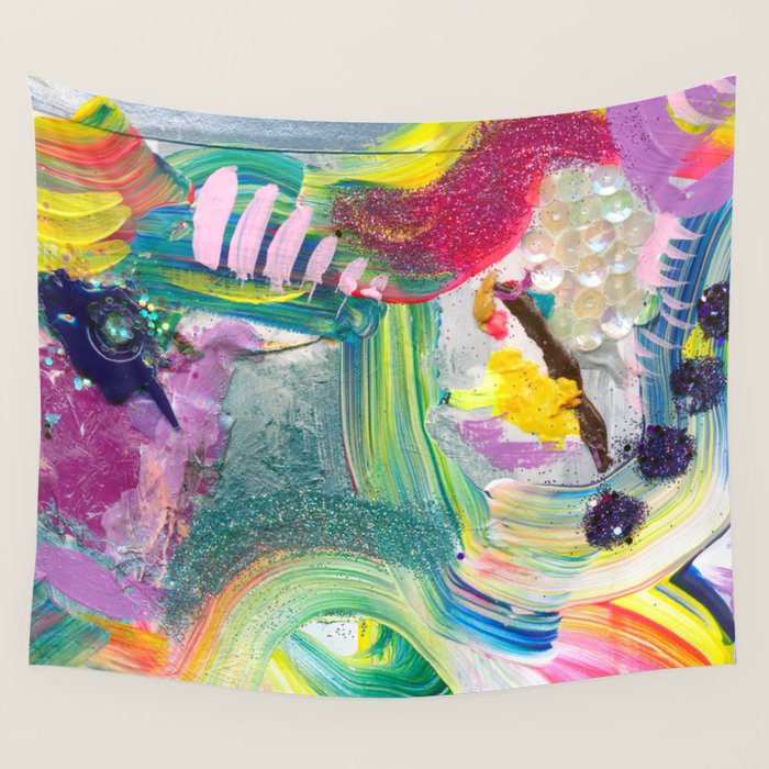 Dreamy Mixed Media Collage Painting with Sequins and Glitter Wall Tapestry Gallery Image 4