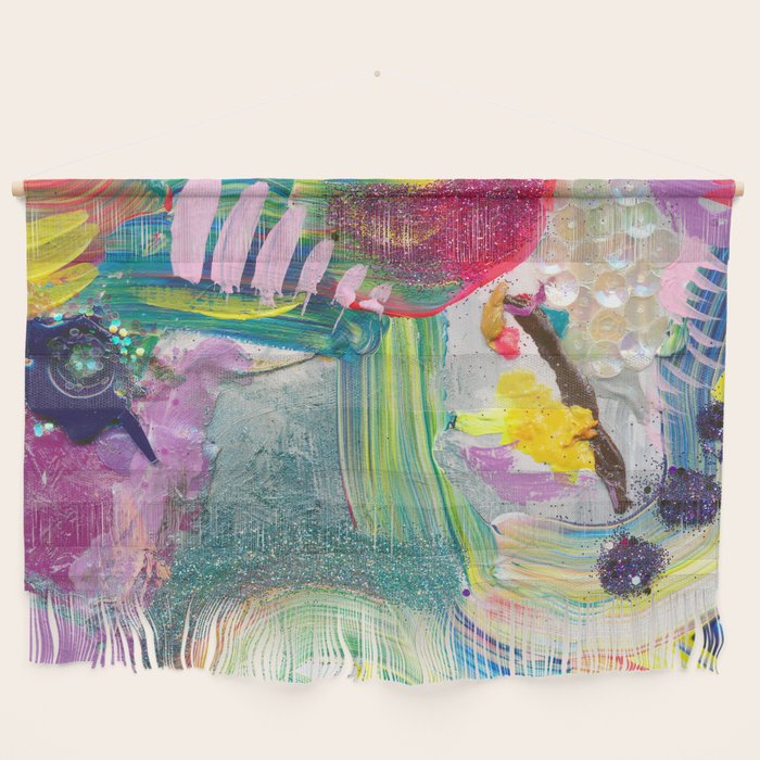 Dreamy Mixed Media Collage Painting with Sequins and Glitter Wall Hanging Gallery Image 1