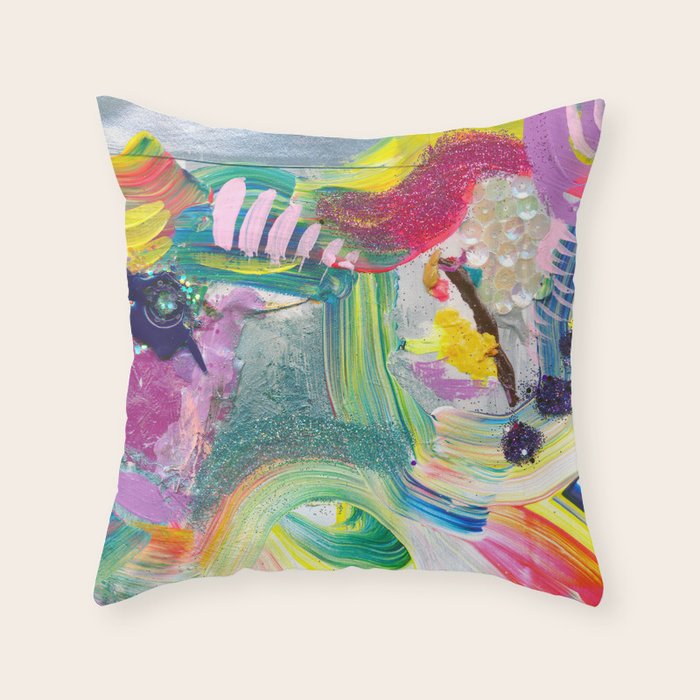 Dreamy Mixed Media Collage Painting with Sequins and Glitter Throw Pillow Gallery Image 6