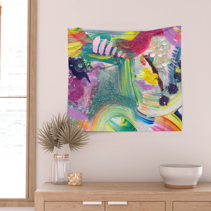 Dreamy Mixed Media Collage Painting with Sequins and Glitter Wall Tapestry Gallery Image 2