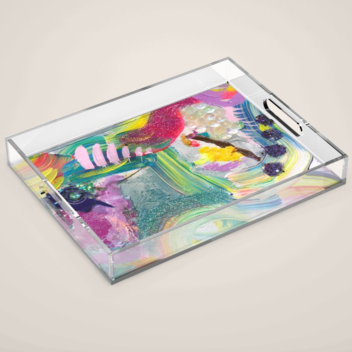 Dreamy Mixed Media Collage Painting with Sequins and Glitter Acrylic Tray Gallery Image 1