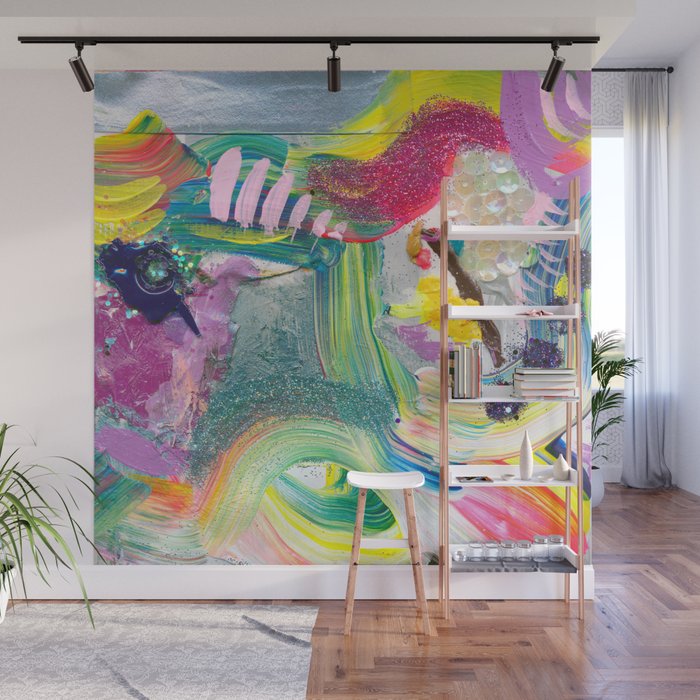 Dreamy Mixed Media Collage Painting with Sequins and Glitter Wall Mural