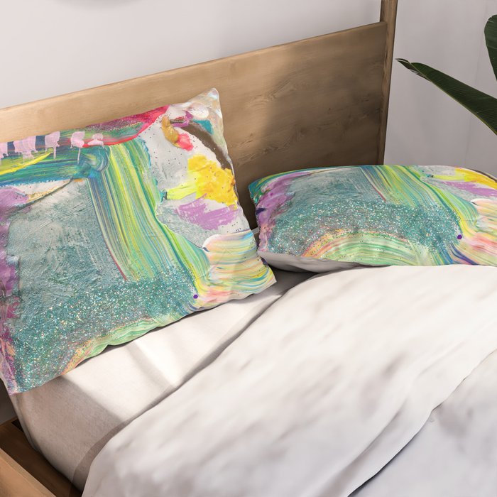 Dreamy Mixed Media Collage Painting with Sequins and Glitter Pillow Sham Gallery Image 2