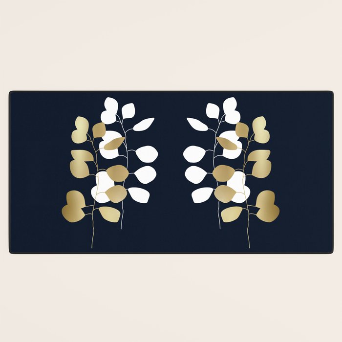 Leaf Duo, Gold and White on Navy Blue Desk Mat Gallery Image 3