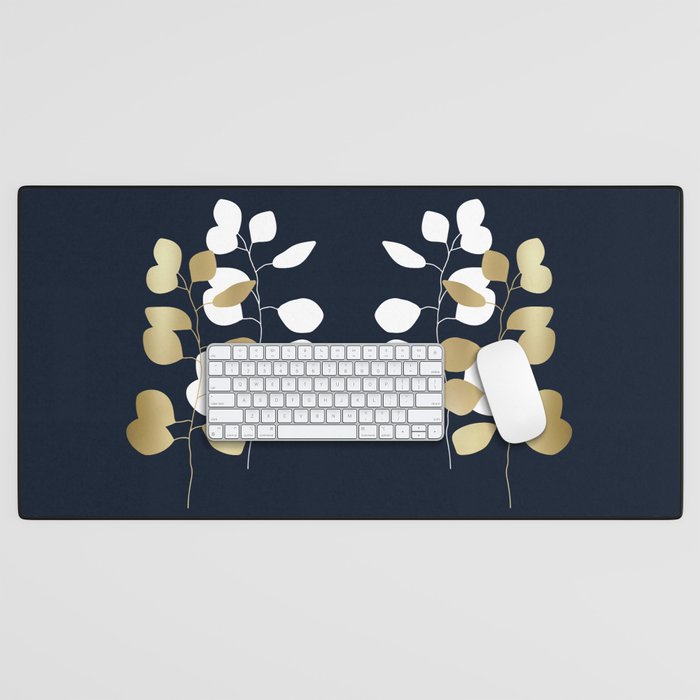 Leaf Duo, Gold and White on Navy Blue Desk Mat Gallery Image 1