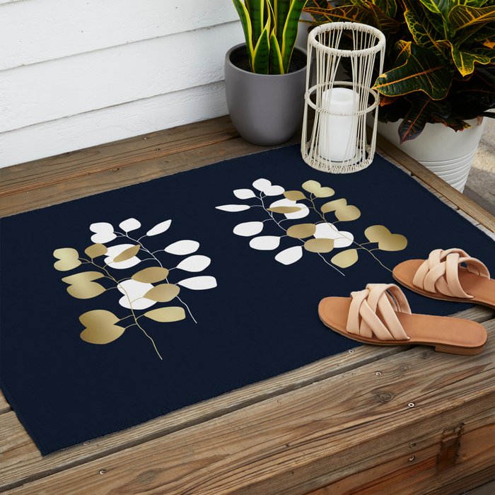 Leaf Duo, Gold and White on Navy Blue Outdoor Rug Gallery Image 2